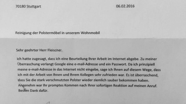 Schriftliche Rezension unseres zufriedenen Kunden Herr Pfeil nach der Reinigung seiner Wohnmobilpolster durch Polsterando